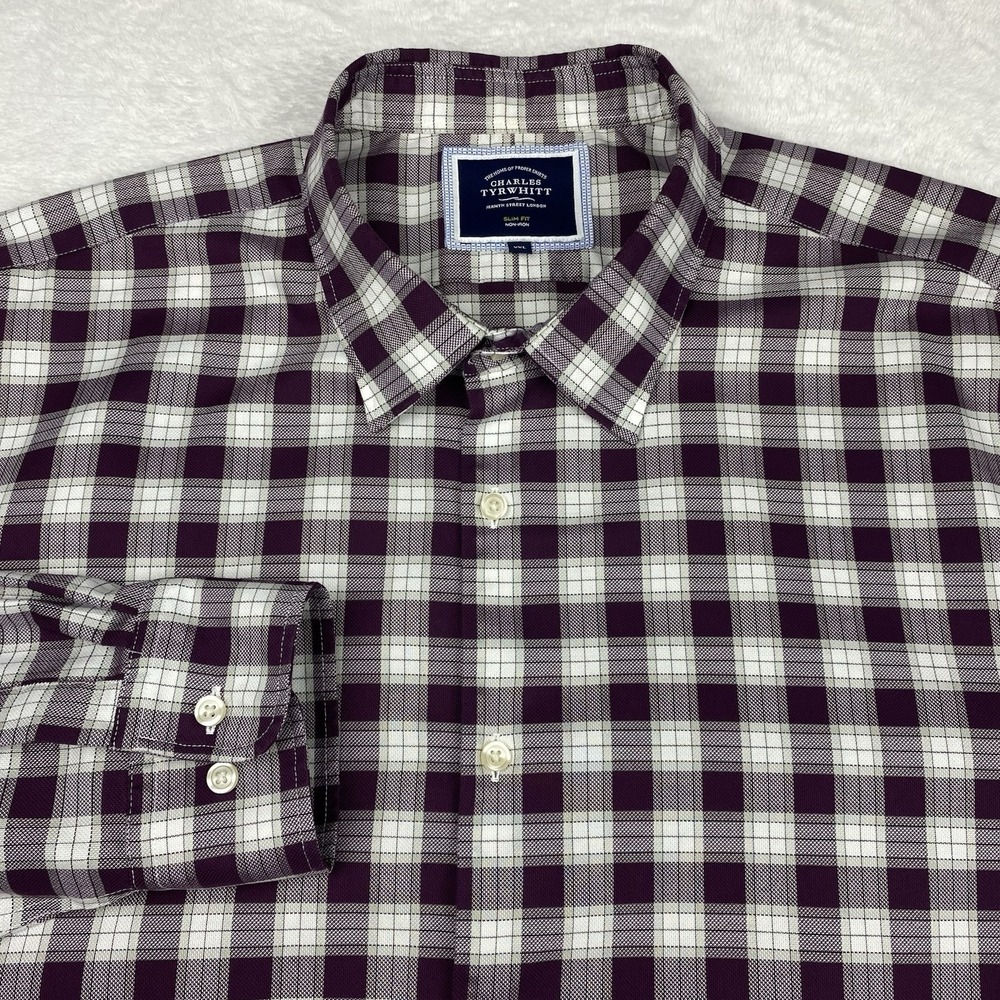 Charles Tyrwhitt Dress Shirt Mens XXL Purple/White Plaid Slim Fit No Iron